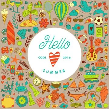 Summer vacation hand drawn vector elementss and objects, beach symbols Stock Illustration