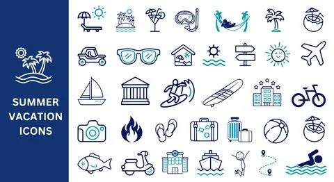 Summer Vacation Icon Set. Beach, sun, swimming, sunscreen. Stock-Illustration