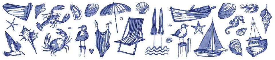 Summer vacation illustration set, vector hand drawn watercolor seashore Illustrazione stock