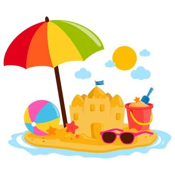 Summer vacation island with beach umbrella. Vector illustration Stock Illustration