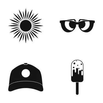 Summer vacation items creating flat black silhouettes Stock Illustration
