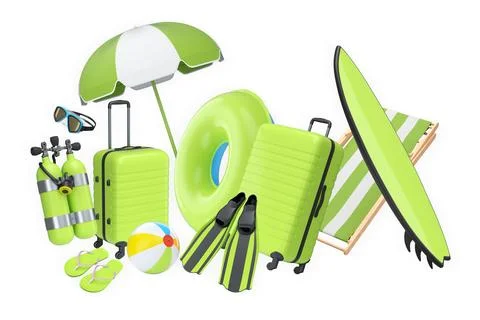Summer vacation items including suitcases, beach balls, chair, and accessories Stock Illustration