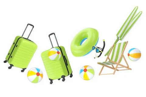 Summer vacation items including suitcases, beach balls, chair, and accessories Stock Illustration