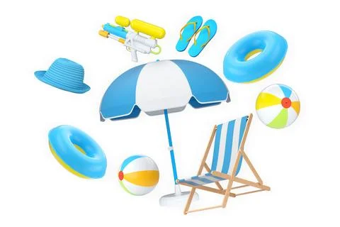 Summer vacation items including suitcases, beach balls, chair, and accessories Stock Illustration