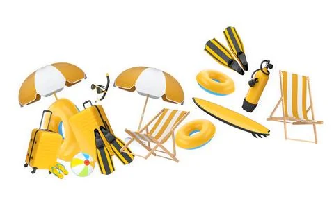 Summer vacation items including suitcases, beach balls, chair, and accessorie Stock Illustration