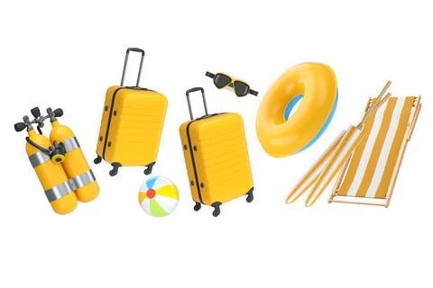 Summer vacation items including suitcases, beach balls, chair, and accessorie Stock Illustration