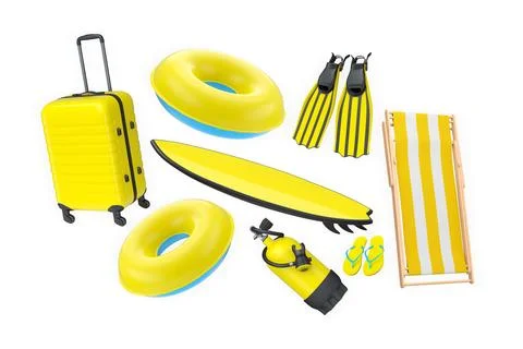 Summer vacation items including suitcases, beach balls, chair, and accessorie Stock Illustration