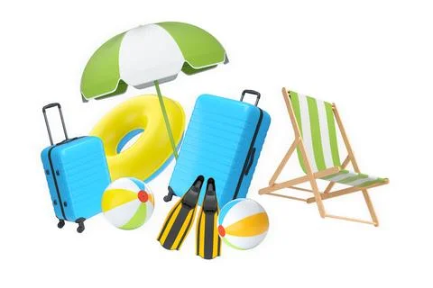Summer vacation items including suitcases, beach balls, chair, and accessories Stock Illustration