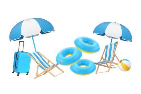 Summer vacation items including suitcases, beach balls, chair, and accessories Stock Illustration