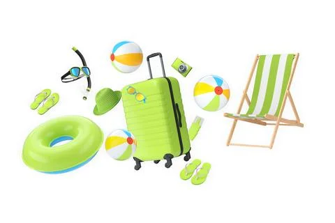 Summer vacation items including suitcases, beach balls, chair, and accessories Stock Illustration