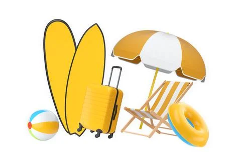Summer vacation items including suitcases, beach balls, chair, and accessories Stock Illustration