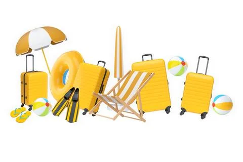 Summer vacation items including suitcases, beach balls, chair, and accessorie Stock Illustration
