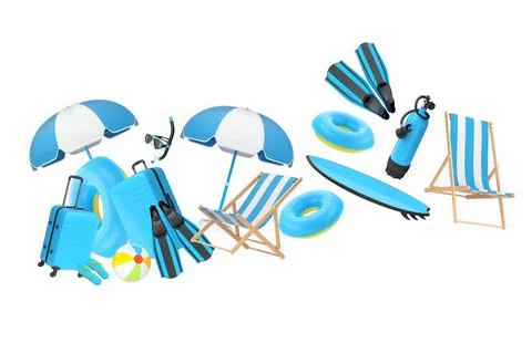 Summer vacation items including suitcases, beach balls, chair, and accessories Stock Illustration