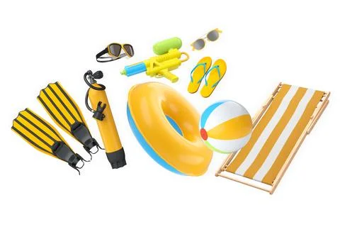 Summer vacation items including suitcases, beach balls, chair, and accessories Stock Illustration