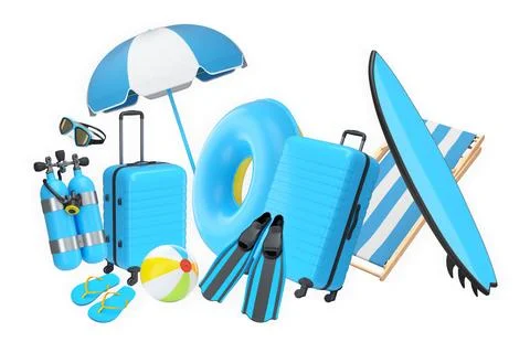 Summer vacation items including suitcases, beach balls, chair, and accessories Stock Illustration