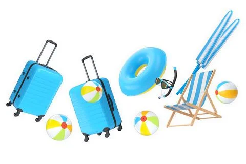 Summer vacation items including suitcases, beach balls, chair, and accessories Stock Illustration