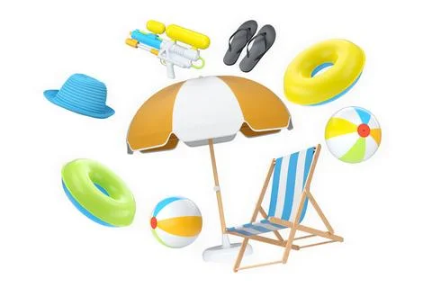 Summer vacation items including suitcases, beach balls, chair, and accessories Stock Illustration