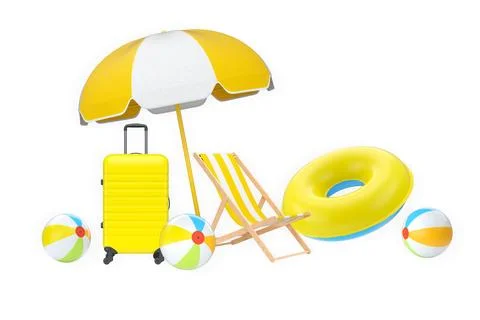Summer vacation items including suitcases, beach balls, chair, and accessorie Stock Illustration