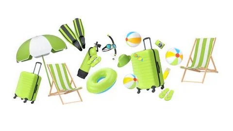 Summer vacation items including suitcases, beach balls, chair, and accessorie Stock Illustration
