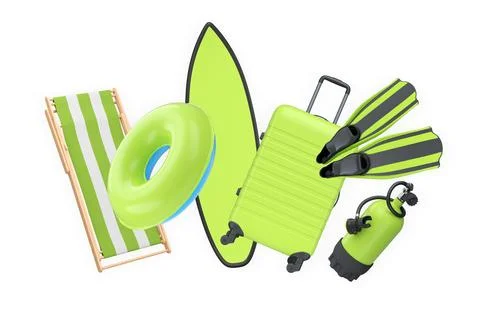 Summer vacation items including suitcases, beach balls, chair, and accessor.. Stock Illustration