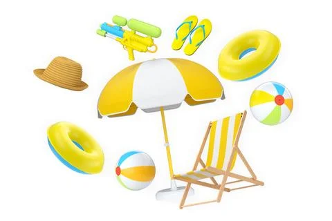 Summer vacation items including suitcases, beach balls, chair, and accessorie Stock Illustration