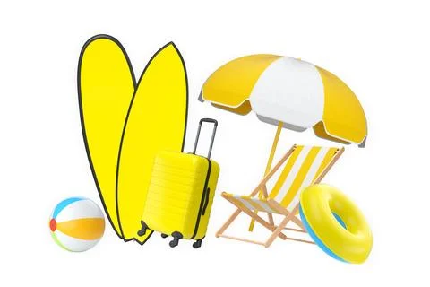 Summer vacation items including suitcases, beach balls, chair, and accessorie Stock-Illustration