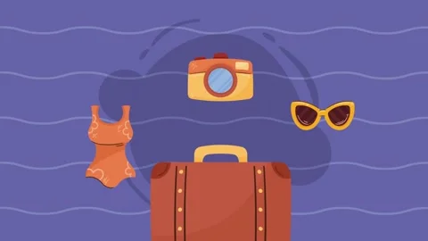 Summer vacation items packed in suitcase with animated wavy background. Stock-Footage 339067370