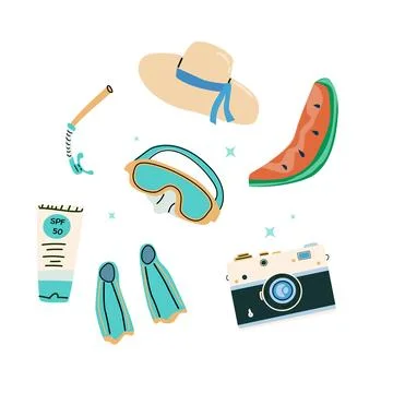Summer vacation journey elements on blue background Stock Illustration