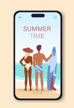 Summer vacation mobile application. Man and woman with surfboard. Holiday and Illustration