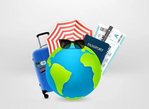 Summer vacation objects with the Earth. World travel concept. 3d vector illus Stock Illustration