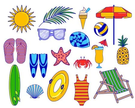 Summer vacation objects in flat style, set of icons isolated on white, vector Stock Illustration