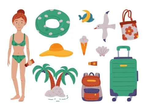 Summer Vacation Objects Set, Girl in Swimsuit with Beach Accessories, Tourism Illustrazione stock