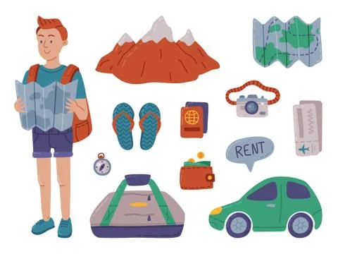 Summer Vacation Objects Set, Man Traveler with Accessories, Summer Beach イラスト素材