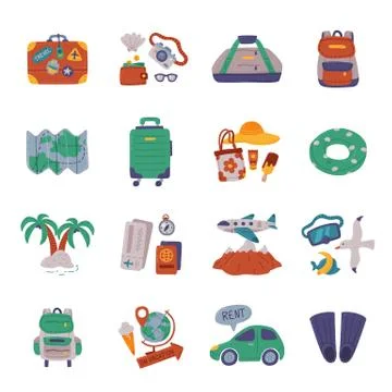 Summer Vacation Objects Set, Time to Travel, Traveler Accessories, Summer Beach Illustrazione stock