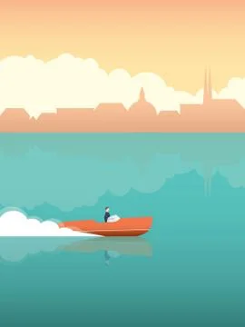 Summer vacation or holiday poster with elegant man in fast speedboat with Venice Stock Illustration