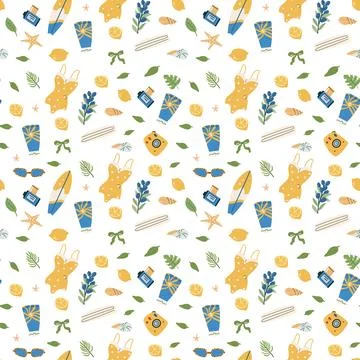 Summer vacation pattern with surfboards, sunglasses, and beach gear for cre.. Stock Illustration