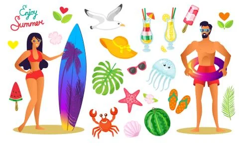Summer Vacation of People, Elements Icons Set Stock Illustration