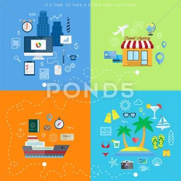 Summer vacation plan abstract vector background with flat icons Stock Illustration