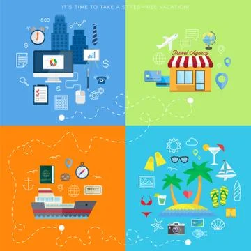 Summer vacation plan abstract vector background with flat icons Stock Illustration