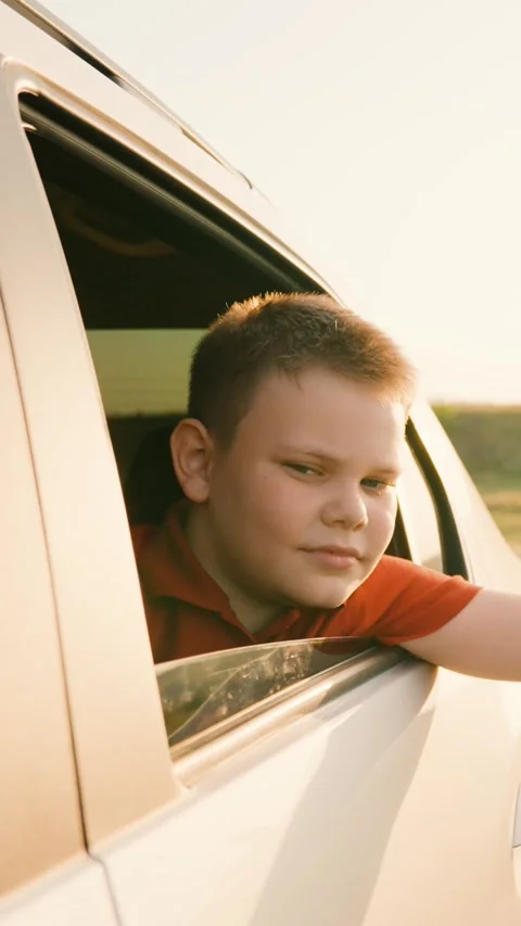Summer vacation, pulling his face hand out car window, road travel, window waves Stock Footage 276446775