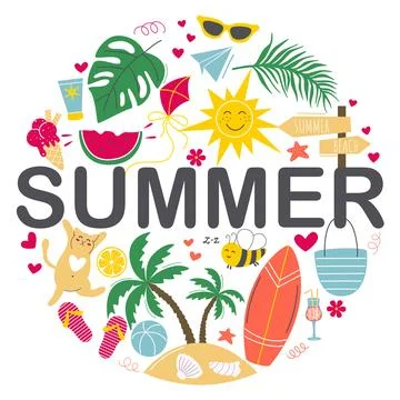 Summer vacation round colorful composition Stock Illustration