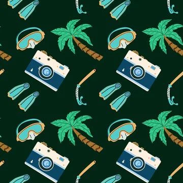 Summer vacation seamless pattern with beach elements and accessories Stock Illustration