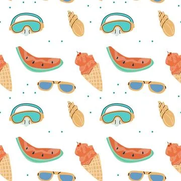 Summer vacation seamless pattern with beach elements and accessories Stock Illustration