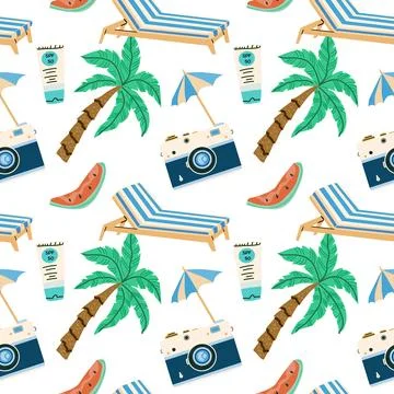 Summer vacation seamless pattern with beach elements and accessories Illustrazione stock