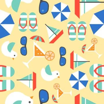 Summer vacation seamless pattern theme, sail boat, sunglasses, seagull, sanda Stock Illustration