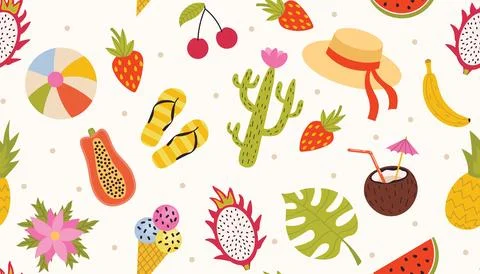 Summer vacation seamless pattern with tropical fruits and cactus, ice cream.. Illustrazione stock