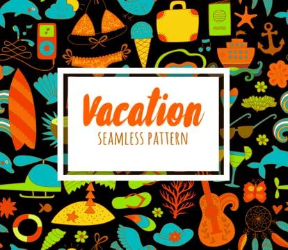 Summer vacation set doodle elements, seamless pattern Illustrazione stock