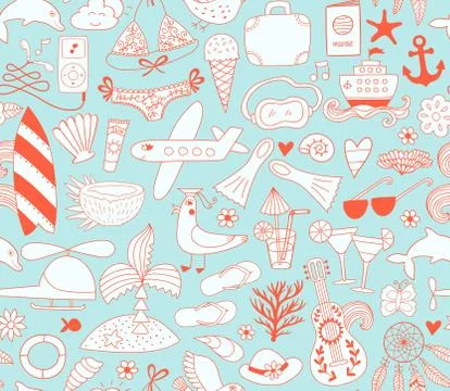 Summer vacation set doodle elements, seamless pattern Illustrazione stock