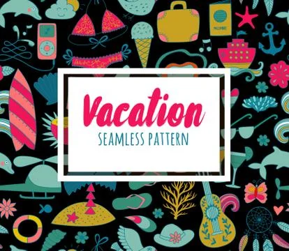 Summer vacation set doodle elements, seamless pattern Illustrazione stock