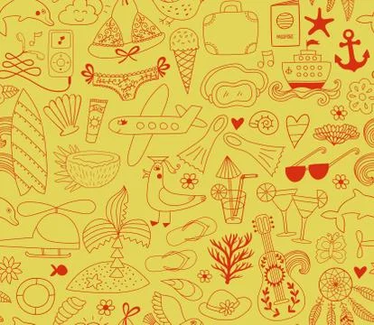 Summer vacation set doodle elements, seamless pattern Stock Illustration